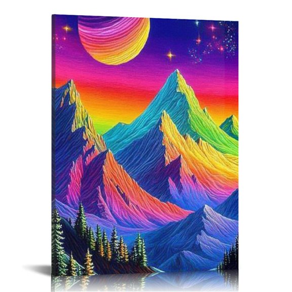 BCIIG Mountain Range Rainbow Sky Stars Canvas Wall Art Decor 16x20 in