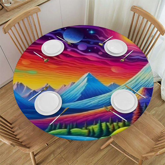 BCIIG Mountain Range Rainbow Sky Stars Round Table Cover Stain Resistant Washable Indoor Outdoor Tablecloth Kitchen Dining Wedding Parties 100% Polyester Full Width Single-Sided Printing 38"-42