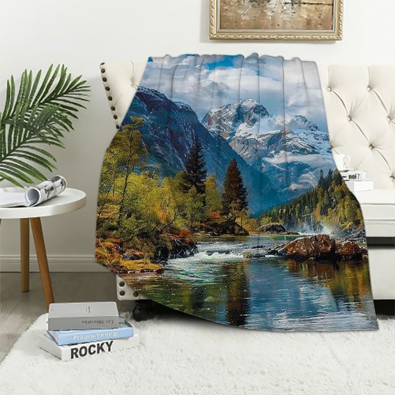 BCIIG Mountain Range River Trees Warm Lightweight Blanket Soft Fleece Blankets Throw Blanket Sofa Decor Cow Gifts Blanket All Seasons 60x80in