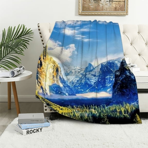 BCIIG Mountain Range Valley Blue Sky Clouds Warm Lightweight Blanket Soft Fleece Blanket Living Rooms Sofa Decor Cow Gifts All Seasons Flannel Material Blanket 50x60in