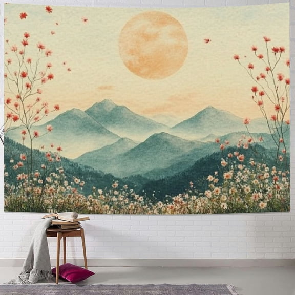 BCIIG Mountain Sun Flowers Tapestry Wall Hanging Unique Style Graphic Tapestries for Home Wall Decor Living Room Bedroom Apartment Farmhouse Dorm 40x60inch