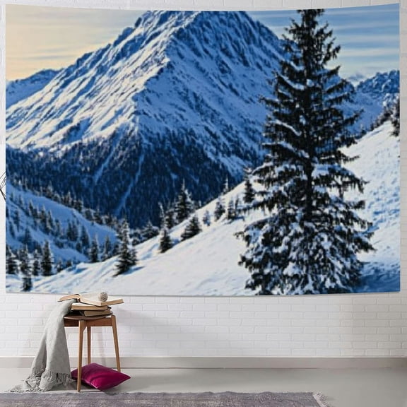 BCIIG Mountain Tapestry, Landscape of Snowy Mountain at Sunset Pine Trees Tranquility in Winter Theme, Wide Wall Hanging for Bedroom Living Room Dorm 50x40inch