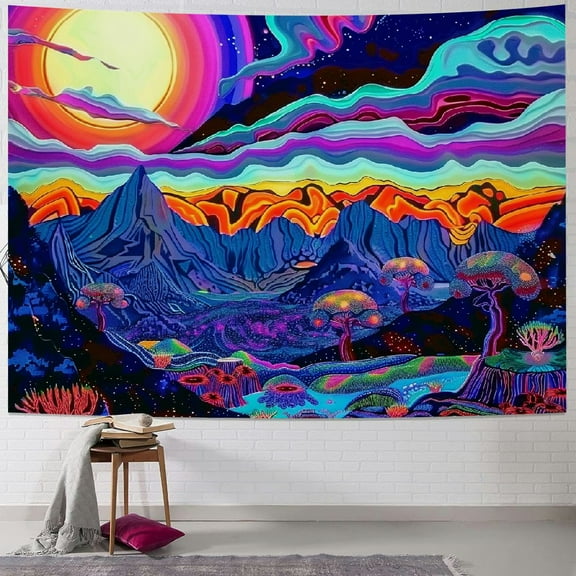 BCIIG Mountain Tapestry Psychedelic Sun Tapestry UV Reactive Fantasy Plant Tapestry Colorful Nature Landscape Wall Hanging Tapestry for Room