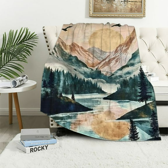 BCIIG Mountain Throw Blanket, Sunset Forest Tree Lake Nature Scenic Cozy Decor Nap Blankets Gift Sofa Bed Couch Chair or Dorm Throws Orange Pink 50x60in