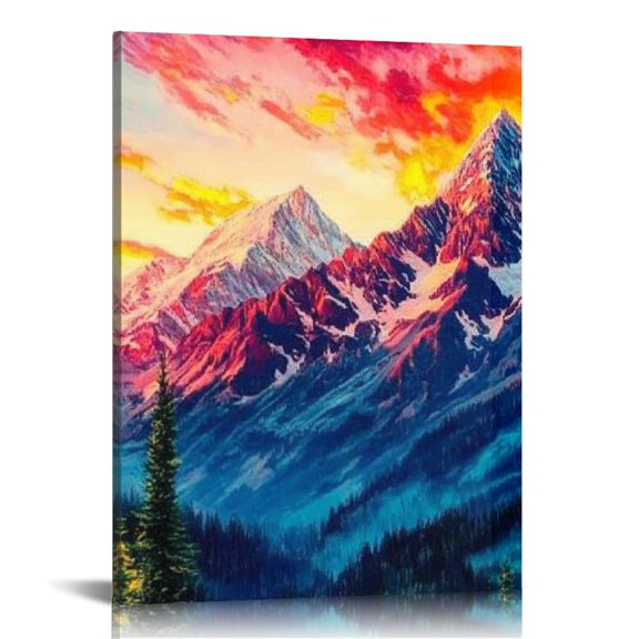 BCIIG Mountains Trees Colorful Sky Canvas Wall Decor for Home Office 12x16 in