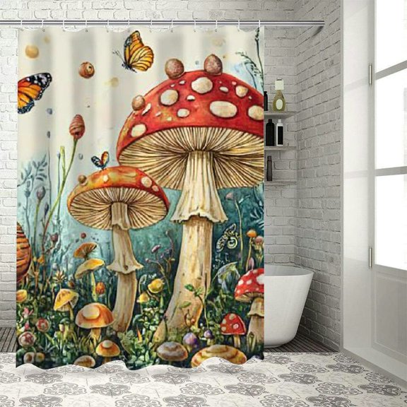 BCIIG Mushroom Butterflies Snail Bathroom Decoration Set, Colorful Luxury Graphic Printed Polyester Cloth Fashion Shower Curtain with Hooks 36"x72
