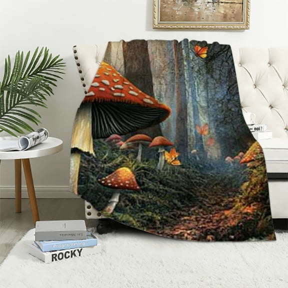 BCIIG Mushroom Soft Flannel Throw Blanket, Mushrooms in Deep Dark Forest Fantasy Nature Theme Earth Path, Cozy Plush for Indoor and Outdoor Use, Pomegranate Green 40x50in
