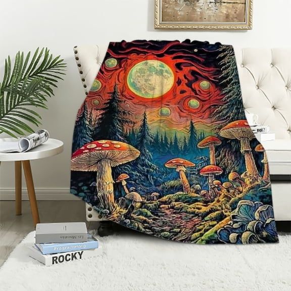 BCIIG Mushrooms Forest Full Moon Warm Lightweight Blanket Soft Fleece Throw Blanket Living Rooms Sofa Decor Cow Gifts All Seasons Flannel Material Blanket 40x50in