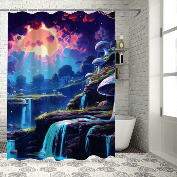 BCIIG Mushrooms Full Moon Bathroom Shower Curtain Set with Hooks - Colorful Luxurious Graphic Print Polyester Fabric Shower Curtain for Chic Modern Bathroom Decor 69"x72