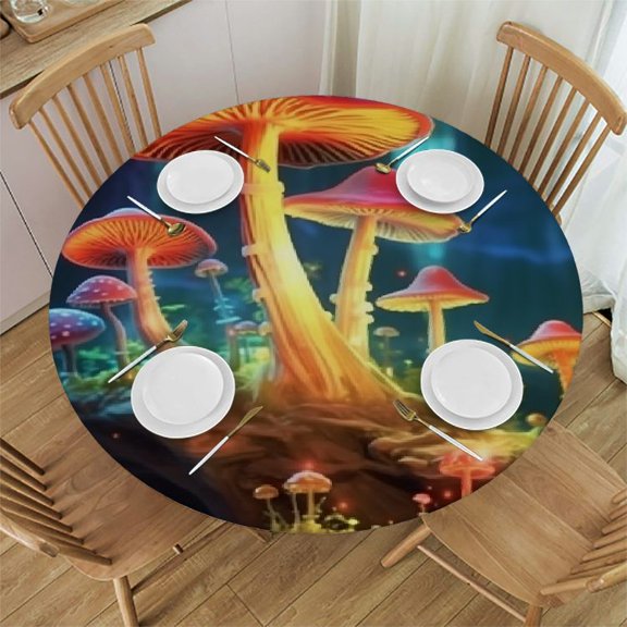 BCIIG Mushrooms Grass Forest Round Table Cover Stain Resistant Washable Indoor Outdoor Tablecloth Kitchen Dining Wedding Parties Table Cloth 100% Polyester Fiber 42"-46