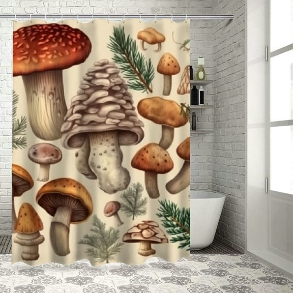 BCIIG Mushrooms Pine Cones Illustration Bathroom Decor Set with Hooks 100% Polyester Fabric Shower Curtain Set for Bathroom Shower 60"x72
