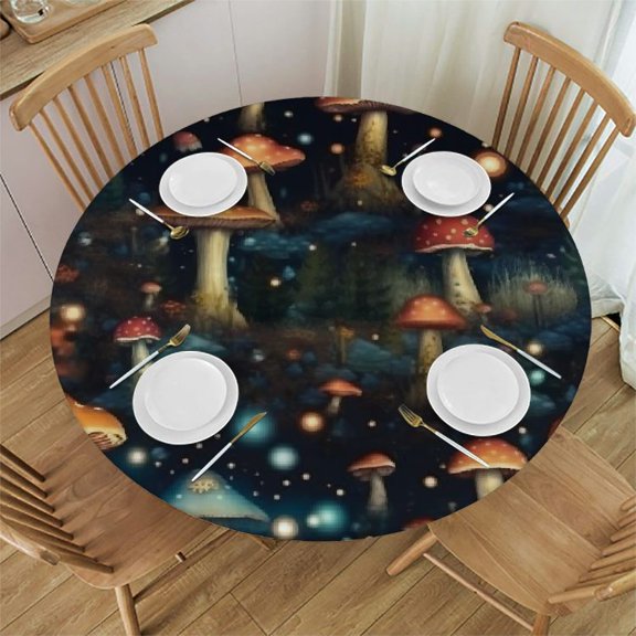 BCIIG Mushrooms Stars Forest Round Table Cover Stain Resistant Washable Tablecloth Indoor Outdoor Kitchen Dining Wedding Parties 100% Polyester Table Cloth 38"-42