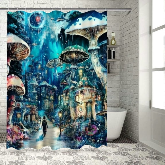 BCIIG Mushrooms Trees Person Walking Bathroom Decoration Set with Hooks Polyester Shower Curtain, Waterproof High Definition Print Shower Curtain Set for Bathroom Decor 60"x72