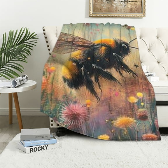 BCIIG Natural Bee Blanket Gifts for Adults Women Men, Bumblebee Flying Colorful Bloom Wildflower Throw Blankets for Sofa Office Couch Room Decor, Cozy Lightweight Warm Soft Throws, 50x60in