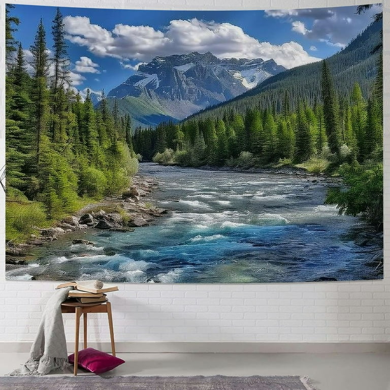 BCIIG Nature Mountain Forest Tapestry Colorado River Tapestry Scenic Green Pine Tree Waterfall Landscape Wall Hanging Tapestries for Home Office Dorm Indoor and Outdoor Decoration 80x60in Painting Wal...