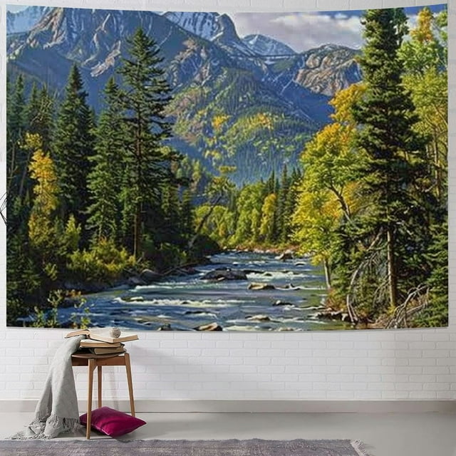 BCIIG Nature Mountain Forest Tapestry, Scenic Green Pine Tree Waterfall
