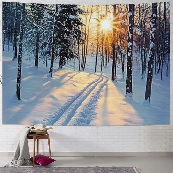 BCIIG Nature Tapestry, Sunset in a Winter Park Russia Sun Rays Through Trees Pathway to Forest, Wall Hanging for Bedroom Living Room Dorm Decor 40x30inch