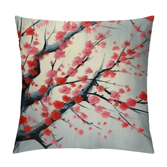 BCIIG Nature Throw Pillow Cushion Cover, Sakura Blossom Tree Garden Summertime Vintage Cultural, Decorative Square Accent Pillow Case,  Vermilion Grey and White 18x18in