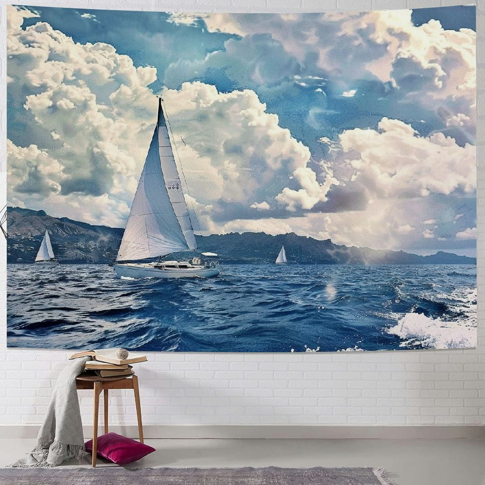 BCIIG Nautical Tapestry, Sailing Boat and Sails on Sea Waves Cloudy Sky