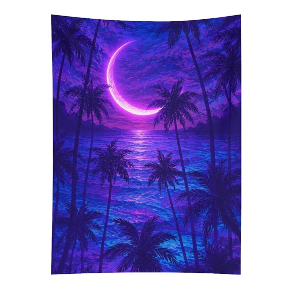 BCIIG Neon Purple Crescent Moon Tropical Palm Tree Ocean Seamless Pattern Tapestry in Green Fields, Polyester Printed Wall Hanging, Suitable for Bedroom, Dormitory and Living Room, Aesthetic Home Dec