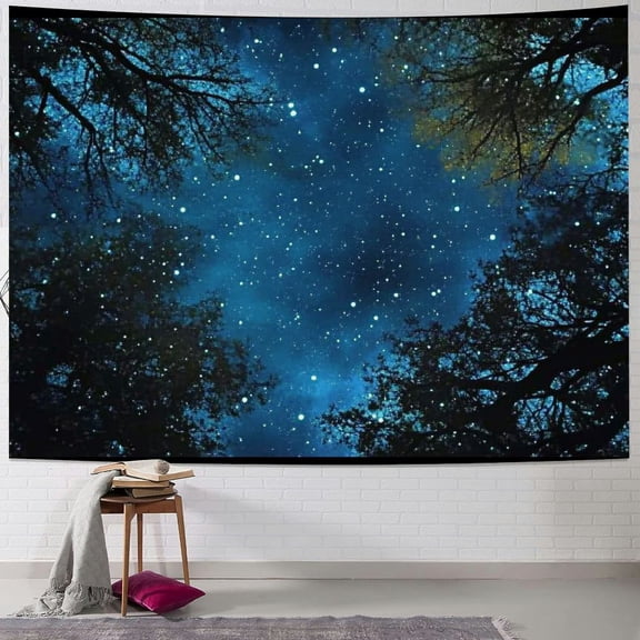 BCIIG Night Sky Tapestry King Size, Spooky View Through Forest Branches Trees Foggy Sky with Stars, Wall Hanging Cover Wall Decor, King Size, 50x40inch