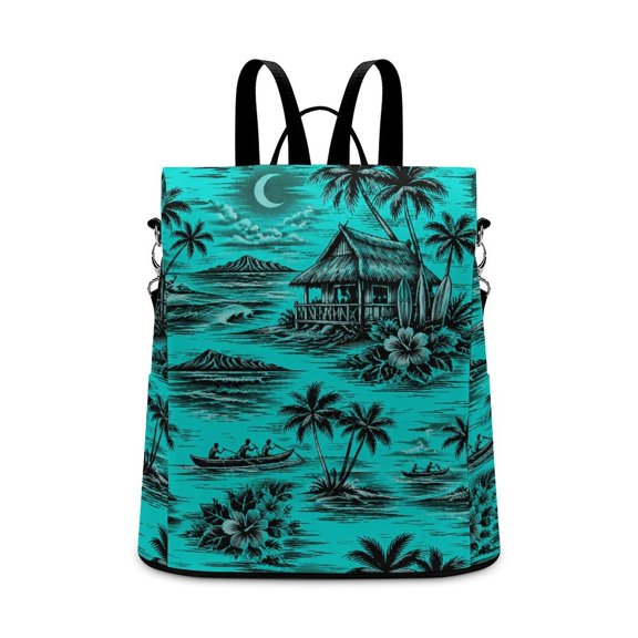 BCIIG Night Tropical Hawaiian Hut Palm Hibiscus Seamless Pattern Anti Theft Backpack, Purse for Women, Secure Back Zipper, Multi-Purpose Rucksack Backpack With Adjustable Strap, Womens Travel Backpac