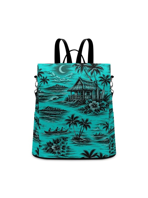 Night Tropical Hawaiian Hut Palm Hibiscus Seamless Pattern Anti Theft Backpack, Purse for Women, Secure Back Zipper, Multi-Purpose Rucksack Backpack With Adjustable Strap, Womens Travel Backpac