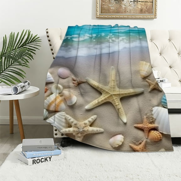 BCIIG Ocean Beach Blanket Starfish Shell Throw Tropical Summer Blue Sky Decor Gifts for Mom Women Kids Girls Boys Men Birthday Mother's Father's Day Present Soft Plush Throw 50x60in