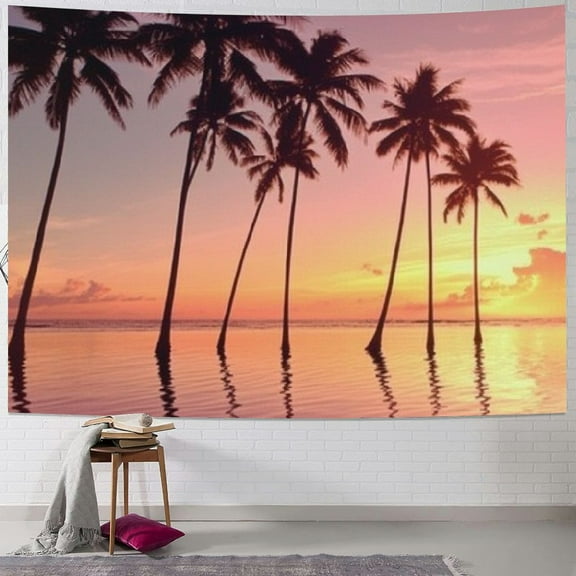 BCIIG  Ocean Beach Tapestry Hawaii Seaside Palm Trees Sunset Pink Sky Wall Hanging Summer Holiday Birthday Home Wallpaper Tropical Island Tapestry Bedroom Living Room Decor 40x30inch