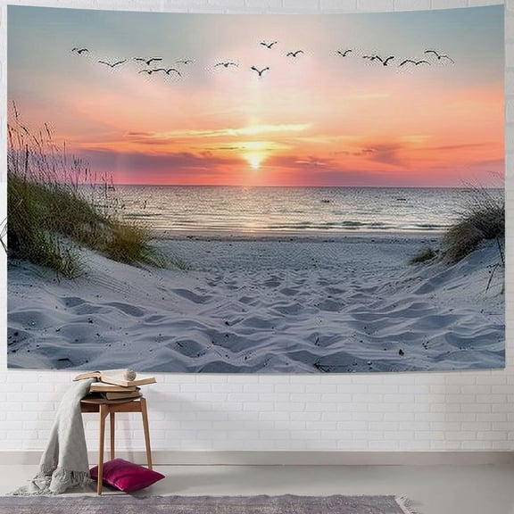 BCIIG Ocean Beach Tapestry Wall Hanging, Sunset Seabird and Beach with Grass Wall Hanging Tapestry Natural Landscape Tapestry for Bedroom Living Room Dorm Decoration Wall Decor,