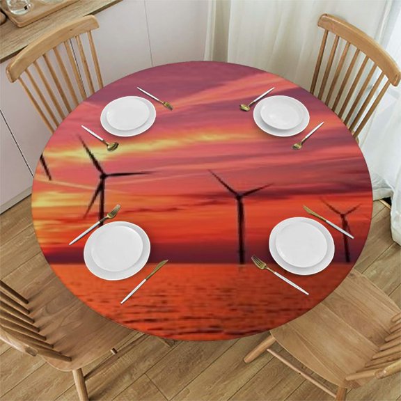 BCIIG Ocean Sunset Wind Turbines Round Tablecloth, Stain-Resistant Polyester Table Cloth with Elastic Edge for Indoor and Outdoor Use, Ideal for Restaurants, Parties - 100% Polyester Fiber 31"-35