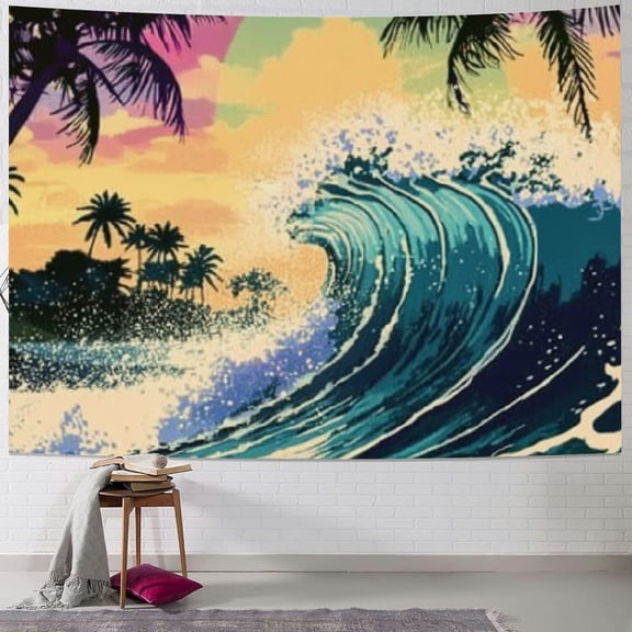 BCIIG Ocean Tapestry Japanese Tapestry Stormy Ocean with Big Waves and Palm Trees Great Wave off Kanagawa Wall Art Tapestry for Living Room Bedroom Dorm Office Inhouse 40x30inch