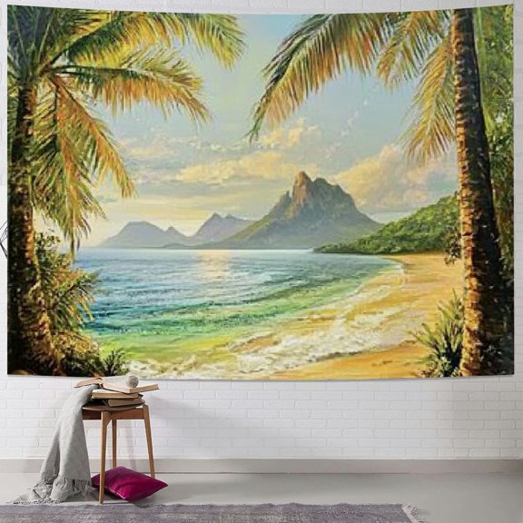 BCIIG Ocean Tapestry, Palm Coconut Trees and Ocean Waves Mountains on Paradise Island Beach Image, Wall Hanging for Bedroom Living Room Dorm Decor, 40x30inch