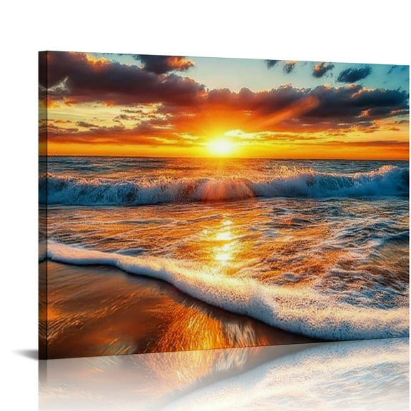 BCIIG Ocean Wall Art for Living Room, Large Coastal Beach Canvas Wall Decor for Bedroom, Gold Sun Landscape Picture Print 20x16in