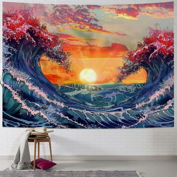 BCIIG  Ocean Wave Tapestry Wall Hanging, Colorful Sea with Sun Sunset Tapestry,The Great Wave Tapestry Japanese Tapestry for Living Room Bedroom Dorm Decor  40x30inch