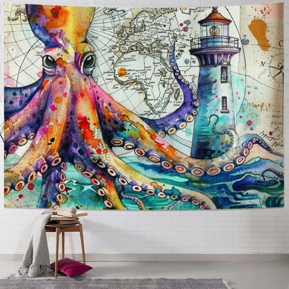 BCIIG Octopus Lighthouse Ocean Map Tapestry Wall Hanging Unique Style Graphic Tapestries Home Wall Decor Art for Living Room Bedroom Apartment Farmhouse Dorm 60x50inch