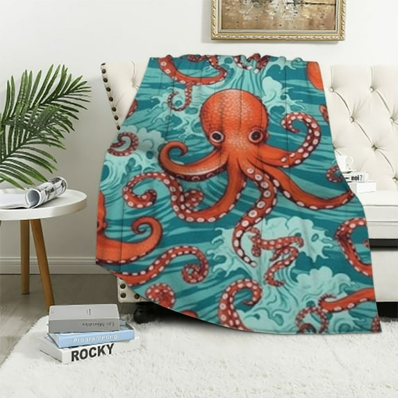 BCIIG Octopus Orange Throw Blanket Super Soft Warm Bed Bedding Blankets for Couch Bedroom Sofa Office Car, All Season Cozy Flannel Plush Blanket Gifts for Girls Boys Adults 40x50in