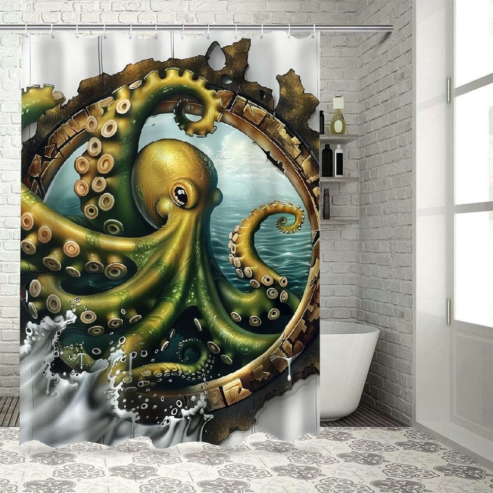 BCIIG Octopus Shower Curtain, Ship Porthole Tentacles, Cloth Fabric ...