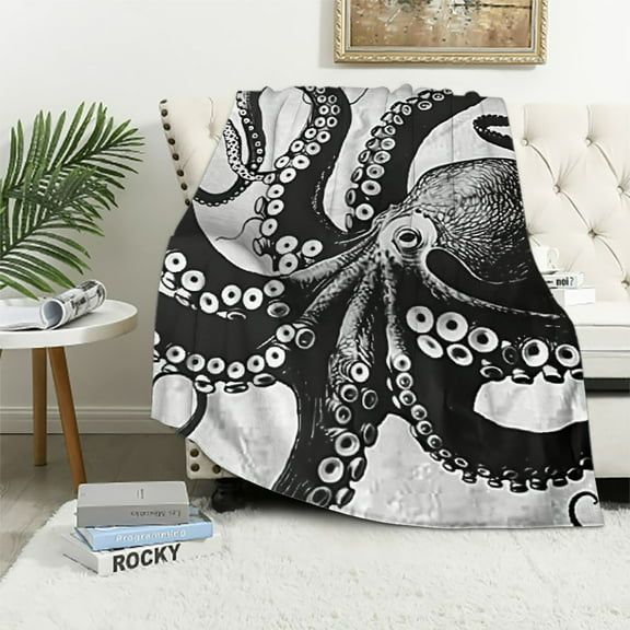 BCIIG  Octopus Throw Blanket, Monster Kraken Octopus with Large Tentacles Illustration Underwater Marine Life, Flannel Fleece Accent Piece Soft Couch Cover for Adults,  40x50in