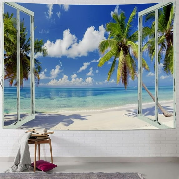 BCIIG Open Window Tapestry for Bedroom Ocean Beach Blue Sky Wall Hanging Decor 60x50inch