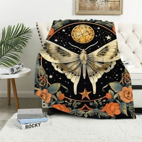 BCIIG Orange Moth Throw Blanket, Retro Boho Flower Butterfly Sun Moon Star Aesthetic Cozy Decor Nap Blankets Gift Sofa Bed Couch Chair or Dorm Throws   40x50in