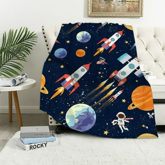 BCIIG Outer Space Theme Throw Blanket for Kids, Blue Space Astronaut Rocket Fuzzy Plush Blanket for Boys Gift, Soft Galaxy Planet Spaceship Flannel Blanket for Children Teen Bed Couch Decor 40x50in