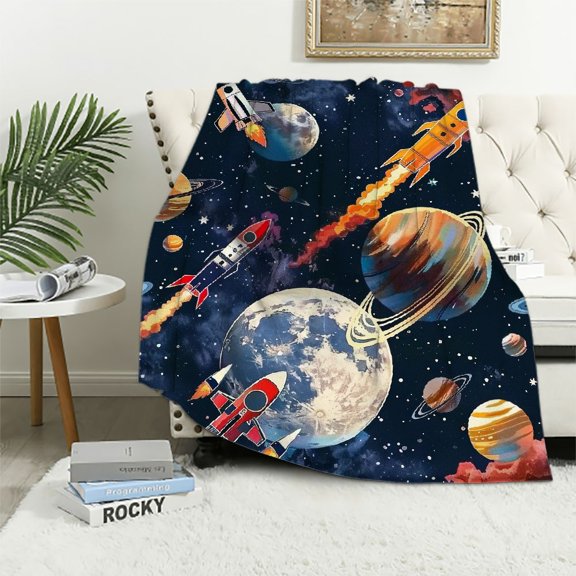 BCIIG Outer Space Theme Throw Blanket for Kids, Blue Space Astronaut Rocket Fuzzy Plush Blanket for Boys Gift, Soft Galaxy Planet Spaceship Flannel Blanket for Children Teen Bed Couch Decor White