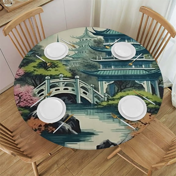 BCIIG Pagoda Bridge Trees Round Table Cover Stain Resistant Washable 100% Polyester for Indoor Outdoor Kitchen Dining Wedding Parties Decoration Outdoor Fitted 38"-42
