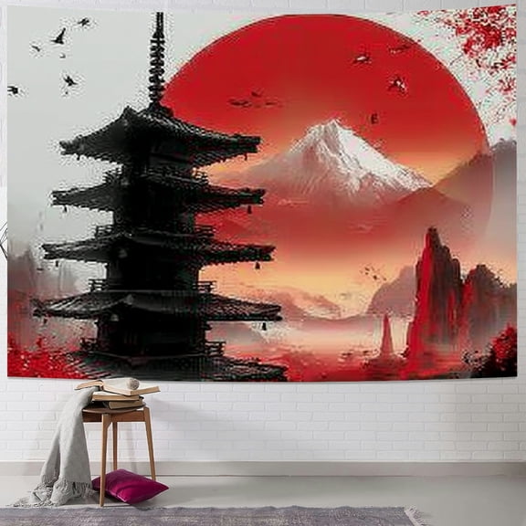 BCIIG Pagoda Red Sun Mountain Tapestry Wall Hanging Home Decor 40x30inch