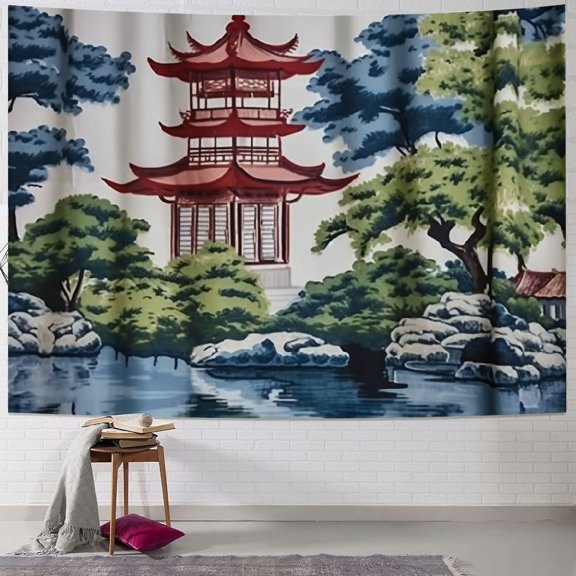 BCIIG Pagoda Trees Pond Tapestry Wall Hanging Unique Style Graphic Art for Living Room Bedroom 50x40inch