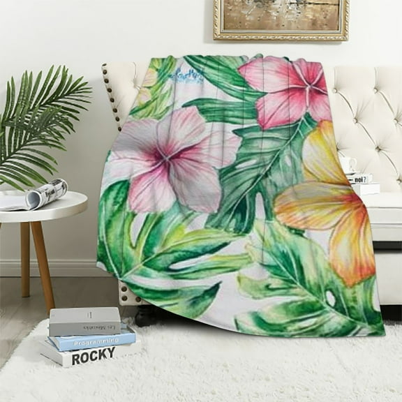 BCIIG  Palm Leaves Blanket Twin Size, Tropical Floral Botanical Soft Luxury Throw Blanket, Flowers Tree Printed Kids Teens Blanket for Sofa, Green Pink Woodland Microfiber Sherpa Blanket 40x50in