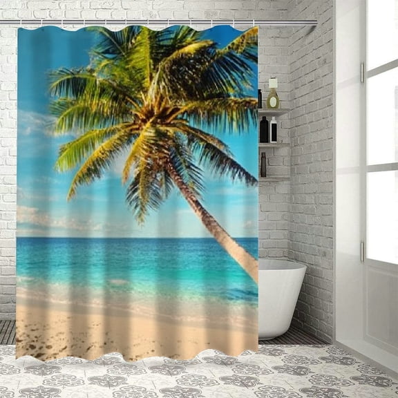 BCIIG Palm Tree Beach Ocean Shower Curtain Set with Hooks, Chic Modern Bathroom Decor, Colorful Graphic Printed Polyester Cloth, 100% Waterproof, Easy Installation 36"x72
