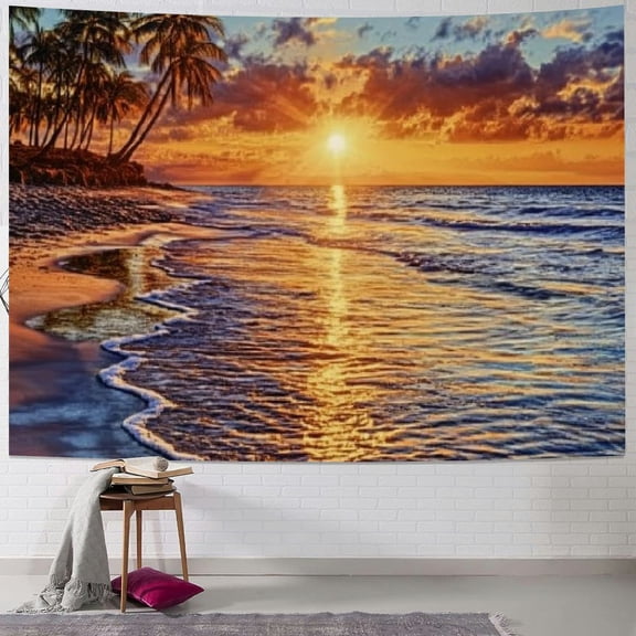 BCIIG Palm Trees Beach Sunset Tapestry, Jamaica Beach Palm Tree Sunset Wall Hanging Large Tapestry Psychedelic Tapestry Decorations Bedroom Living Room Dorm 40x60inch