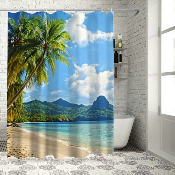 BCIIG Palm Trees Mountain Bathroom Decor Set Colorful Luxury Graphic Printed Polyester With Hooks Washable Shower Curtain Set 60"x72